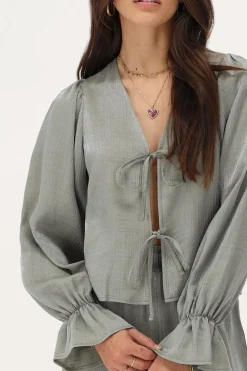 Blouse Verte Brillante Avec Nœuds Et Manches à Volants