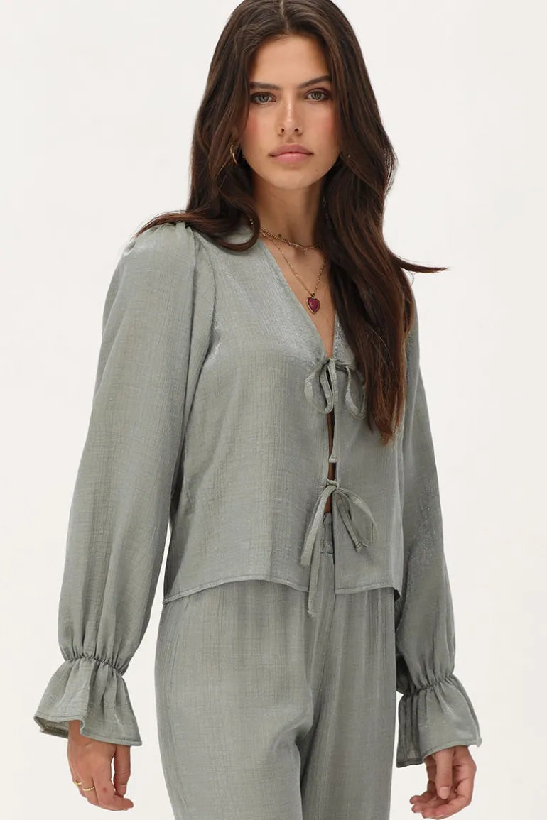 Blouse Verte Brillante Avec Nœuds Et Manches à Volants