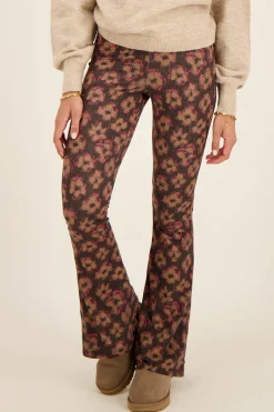 Pantalon Flared Noir à Imprimé Floral Marron Et Rose